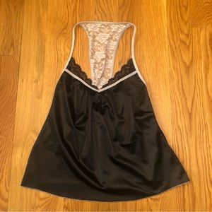 Nature Intimates Satin Black Lace Gray Lingerie T Back Tank Top Cami Small S